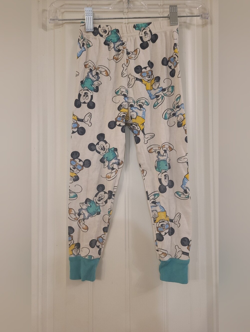 Kids White Mickey Mouse-Print Pajama Pants - Teal Cuffs Size 5T